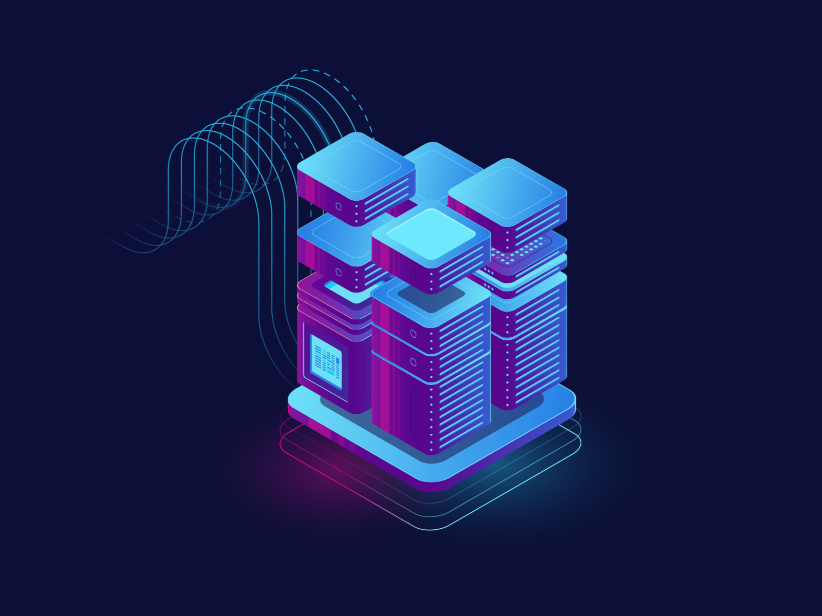 big data processing, blockchain technology, token access system, server room, datacenter and database icon, web vpb and hosting dark ultraviolet neon isometric vector illustration 3d